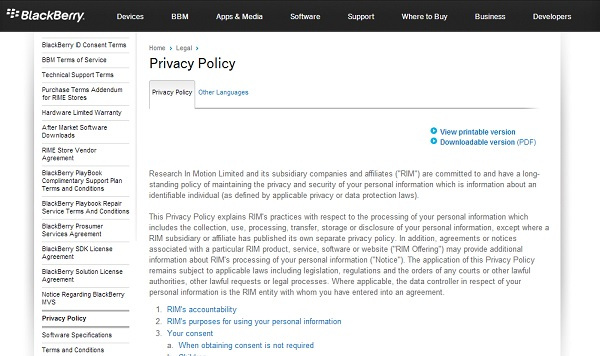 BlackBerry Privacy Policy